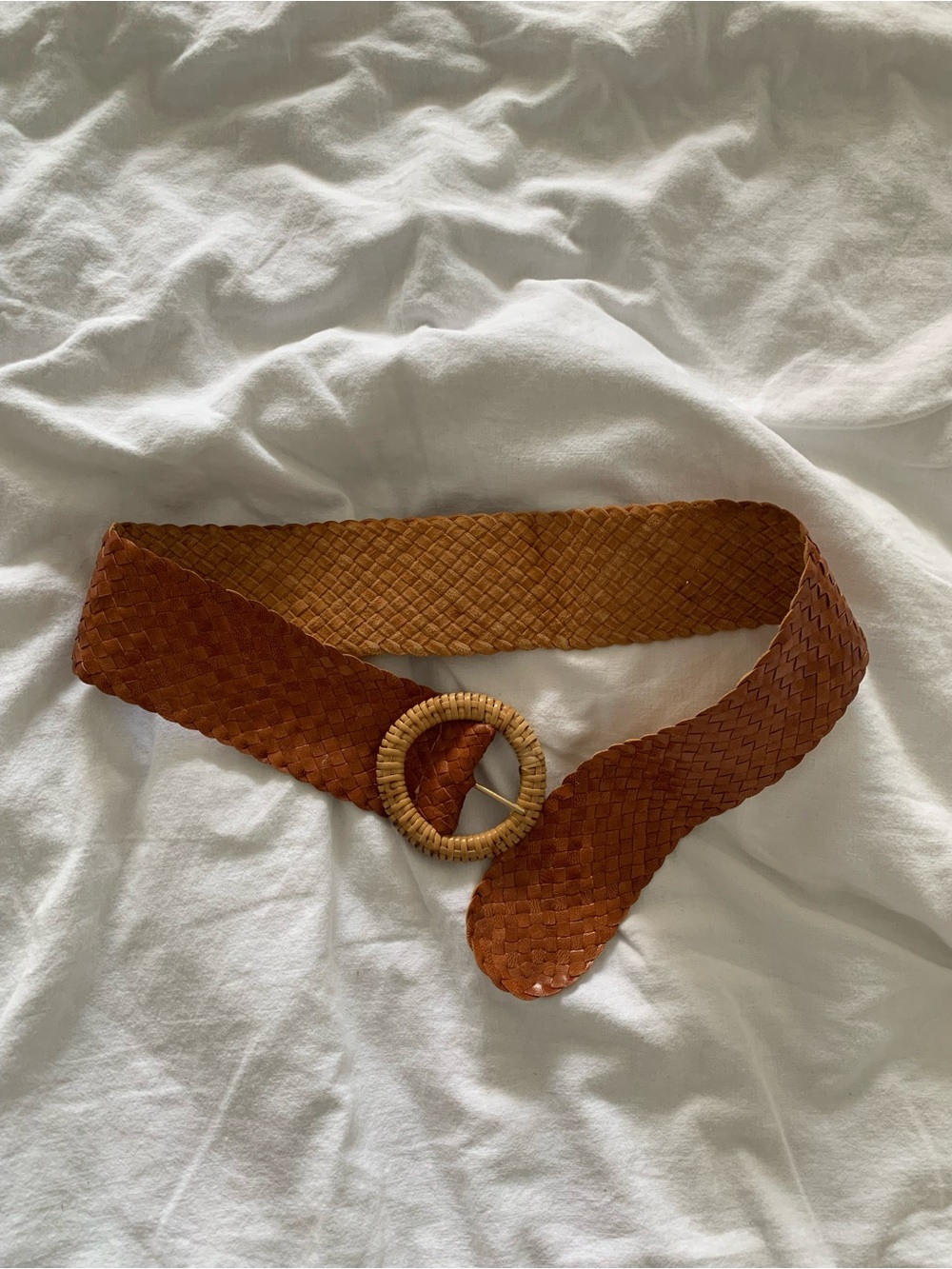 Woven Tan Leather Belt with Rattan Round Buckle